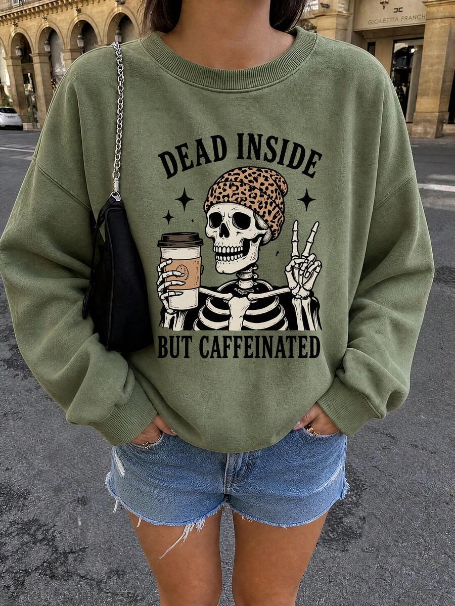 1pc Women's Dead Inside Skull Coffee Print Crew Neck Sweatshirt, Fun Y2K Comfortable Pullover, Suitable For Autumn Halloween Streetwear - Light Green - View 1