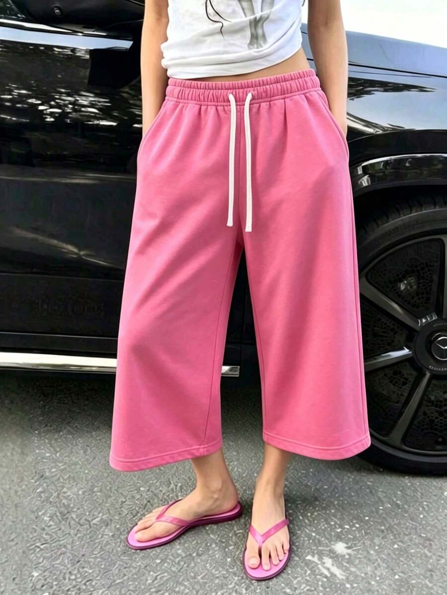 女款寬鬆中長運動短褲,休閒寬腿抽繩百慕達居家褲,夏季款 - 玫紅色 - 查看 1