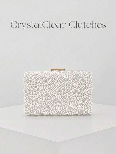Women's Elegant/Pearl Pattern Design Box Clutch Evening Bag, Romantic Wedding Handbag, Charming/Exquisite Evening Dress Bag, Shiny White Box Clutch Handbag, Comes With Chain, Best Choice As Holiday Gift. Comes With Metal Chain.