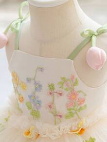 女嬰 3D 花朵刺繡公主洋裝，細肩帶洋裝，適合兒童生日、花童、婚禮、萬聖節及其他節日慶祝 - 香檳色 - 查看 5