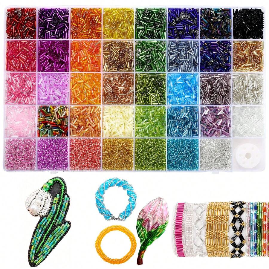 Multicolor Glass Bugle Beads Small Seed Beads Set 40 Compartment Organizer Box Multicolour Loose Beads For DIY Hand Embroidery, Woven Bracelets, Brooch, Jewelry Making Accessories - Multicolor - View 1