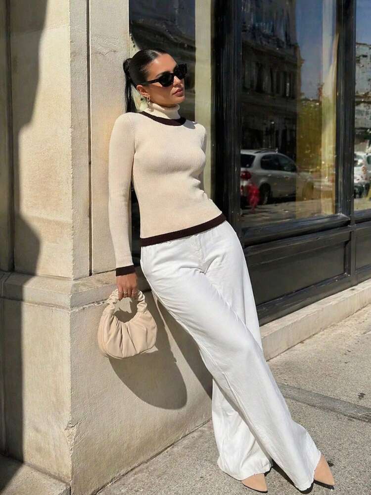 女款奶油色與深棕色拼接高領羅紋修身針織內搭上衣，法式極簡通勤約會內著，秋冬款 - 杏色 - 查看 3
