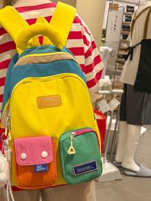 1件馬卡龍彩色拼接雙前口袋布製後背包,輕量大容量女款學生與旅行包 - 均碼 - 查看 10