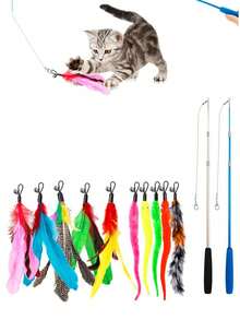 Juguete para gatos, set de juguetes para gatos, plumas artificiales de colores, varita para gatos, campana de oruga, cabeza de varita para gatos reemplazable, se puede usar en interiores y exteriores, entrenamiento, obediencia independiente, alivia el aburrimiento, (Azul, Negro. (Color de cabeza de reemplazo aleatorio)). - Multicolor - Ver 11