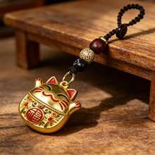1pc Lucky Cat Charm Pendant Necklace, Traditional Craftsmanship Wealth & Good Luck Metal Charm, Engraved Good Luck Jewelry, Dual-Use Keychain, Unisex Gift - Multicolor - View 5