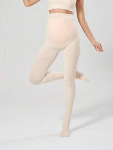 1 PC Women's Cream White High-Waisted Maternity Pantyhose, Minimalist Style Medium-Thickness Cotton Leggings For Spring & Autumn - Multicolor - View 2