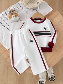 2pcs Baby Boy Minimalist Sporty Knight Logo Striped Colorblock Crew Neck Long Sleeve Sweatshirt And Straight Leg Pants Set, Suitable For Daily Casual Wear In Spring And Autumn - White - View 1