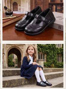 1 Pair Elegant Vintage Girls' Black T-Strap Brogue Mary Jane Flats, Hook & Loop School Daily Formal Princess Shoes, British Academy Style Dress Shoes, Back To School Fashion Kids Shoes - Black - View 3