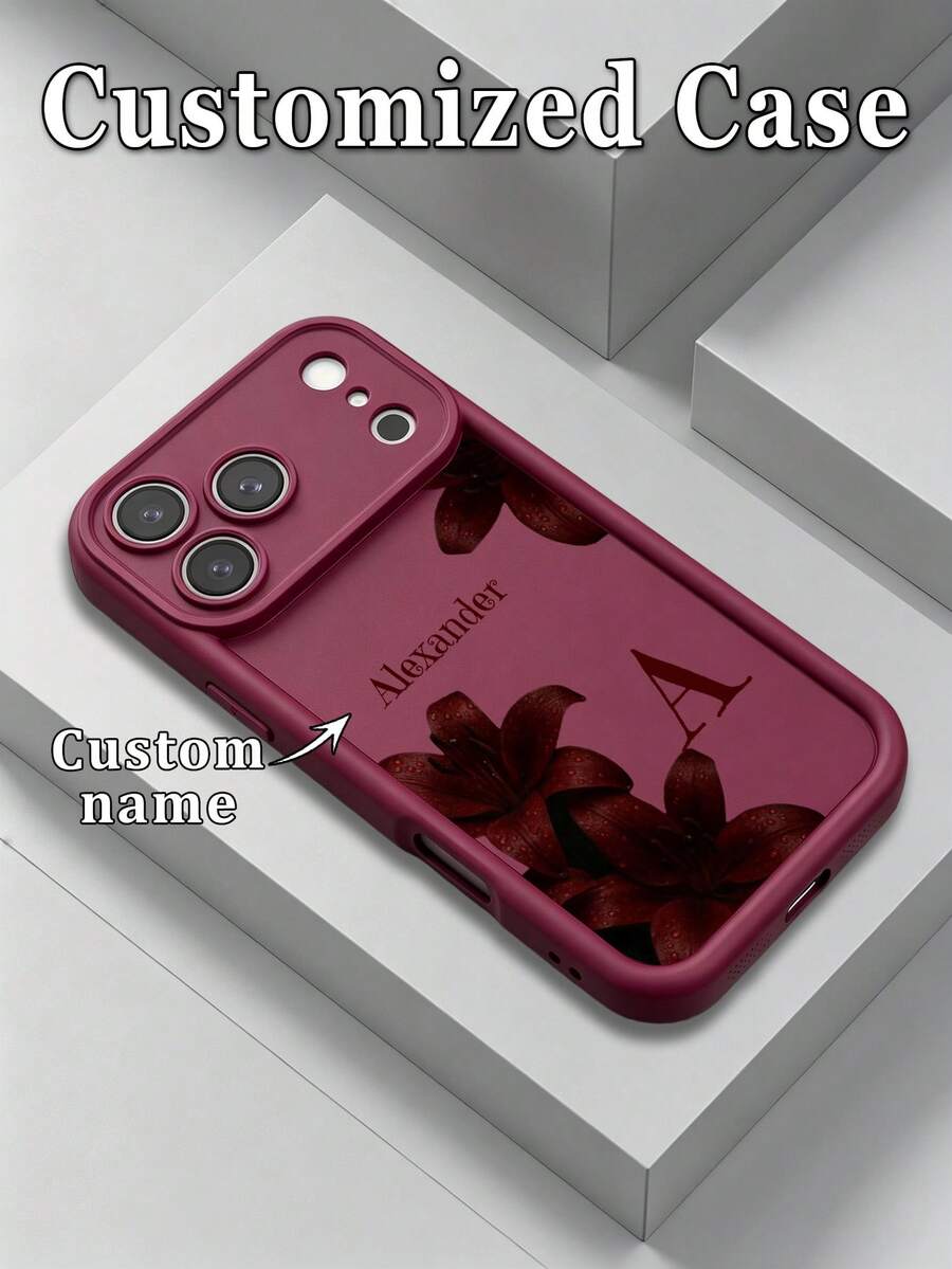 1 pieza Funda protectora de teléfono personalizada con nombre de 26 letras, diseño de lirio rojo con patrón oscuro discreto, TPU grueso resistente a caídas, compatible con Apple 17ProMax/17Air/16Pro/15Plus/14ProMax/13Pro/12/11/XR/8/7, accesorios para teléfono, carcasa protectora premium - Burdeos - Ver 1
