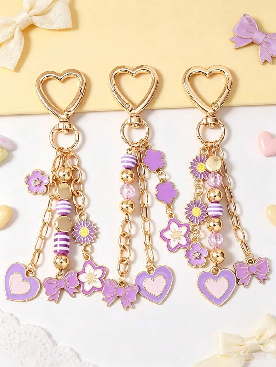 1pc Daisy & Cherry Blossom Keychain, Striped Beaded Bow & Heart Key ...