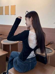 Women's Summer Lace Trim 2 In 1 Slim Fit Inner Layer Base Tee Black Casual - Black - View 1