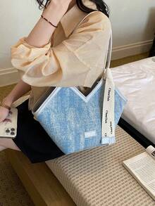 Light Blue Textured Fabric V-Shape Tote Bag, Silver Trim Curved Handle Shoulder Bag With Letter Printed Ribbon Decor - Blue - View 4