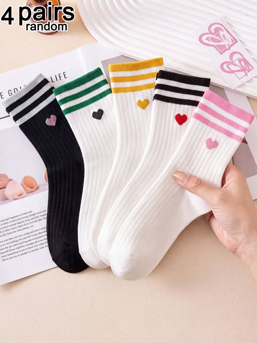 4 Pairs Random Assorted Women's Multi-Color Striped Heart Mid-Calf Socks, Breathable Cute Sweet Preppy Style, Versatile For Outings, Commuting And Gifts