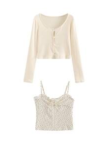 Floral Lace Trim Camisole & Cardigan 2 Pieces Set - Apricot - View 6