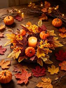 51pcs/Set Halloween/Autumn Maple Leaf Candle Ring Decoration. Artificial Maple Leaf Set, Candle Wreath, Autumn Tabletop Decor, Halloween And Thanksgiving Centerpiece, Harvest Festival Party Styling, DIY Autumn Wedding Tabletop Decoration. - A - View 6