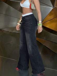 Celana Jeans Denim Wanita Gaya Street Retro Musim Gugur/Dingin dengan Ujung Berumbai dan Potongan Lebar - Hitam - View 5
