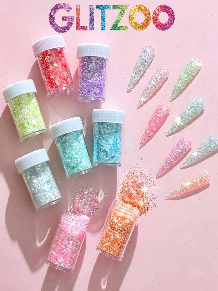 GLITZOO 全息美甲亮片貼紙,8色幻彩玻璃紙不對稱亮片,美人魚美甲粉漸層冰晶美甲亮片,適用於壓克力美甲、DIY美甲與樹脂手工藝 - 彩色 - 查看 1