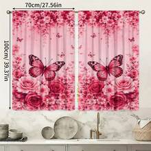2pcs Butterfly Floral Pattern Printed Curtains, Single-Sided Printing, Semi-Sheer - Rod Pocket Curtains, Bedroom Living Room Kitchen Decor, Multiple Sizes Available, Privacy Protection, Machine Washable, Fade-Resistant Curtains, Bedroom Living Room Kitchen Decor (Rod Not Included) - Multicolor - View 13