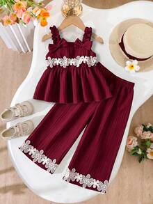 2pcs/Set Girls Casual Hollow Flower Lace + 3D Bow Camisole Top & Flower Lace Long Pants Outdoor Set Spring/Summer - Multicolor - View 3