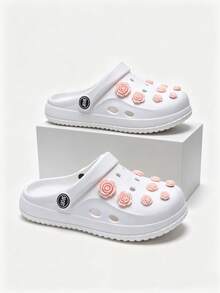Women's EVA Clogs With Faux Rose Decor, Closed-Toe Beach Slides For Indoor And Outdoor Wear - White - View 5