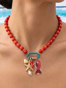 1pc Layered Beaded Pendant Necklace, Summer Beach Style Design With Colorful Fish And Starfish Pendants, Bohemian Style Accessory Suitable For Vacation And Beach Party Wear - Multicolor 9 - View 4