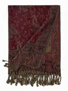1 pièce Écharpe longue classique populaire à franges et pompons en noix de cajou, style chinois brodé, élégante, protection solaire, foulard pour femmes - Rouge Angola - Voir 3