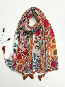 1pc Simple Printed Women's Scarf, Fashionable New Style Sun Protection Beach Shawl, Linen Feel Silk Scarf For Women - Red - View 1