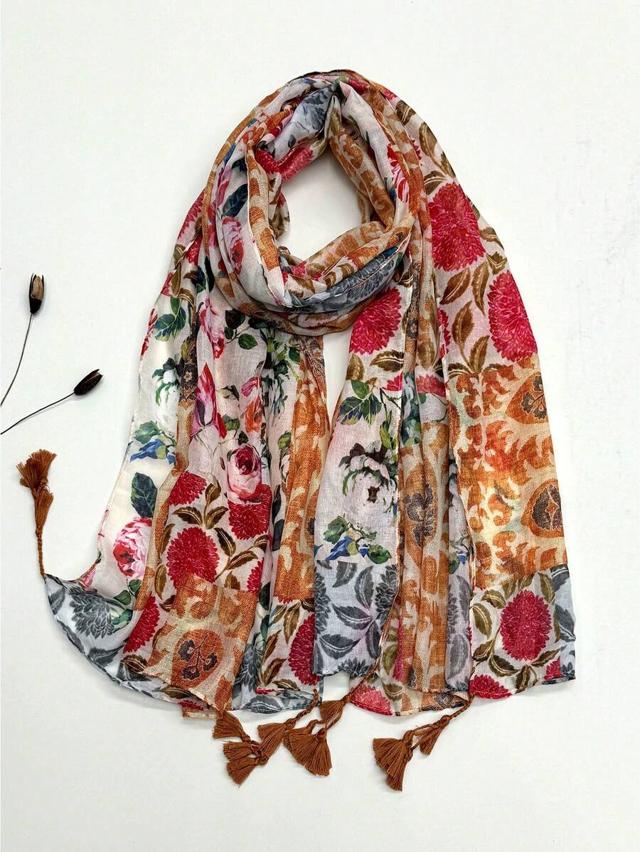 1pc Simple Printed Women's Scarf, Fashionable New Style Sun Protection Beach Shawl, Linen Feel Silk Scarf For Women - Red - View 1