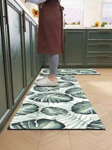 1pc Monstera Leaf Print Kitchen Mat, Fabric Surface With Absorbent Sponge And Non-Slip Rubber Bottom, 3.5mm, Relieves Fatigue From Long Standing, Suitable For Kitchen, Bathroom, Entryway, Laundry Room - View 1