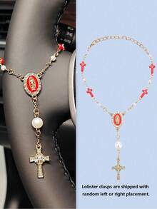 1 pieza Rosario de volante con perlas blancas/rosas, amuleto de coche con la Virgen María y el mal de ojo, adorno colgante interior de coche católico, regalo de decoración de coche femenino para mujeres - Multicolor - Ver 14
