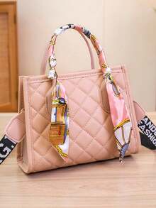 2026 Elegant Women's Handbag Embroidered Rhombus Tote Bag Premium Shoulder Crossbody Square Bag Scarf Decor Large Capacity Commuter Style Gift For Her - Multicolor - View 13