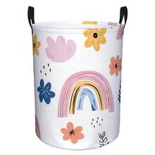 A Bohemian Rainbow Floral Print Laundry Basket With Cartoon Rainbow And Wildflower Patterns, Featuring Handles For Storage, Suitable For Clothes And Bedroom Home Decor - Multicolor - View 7