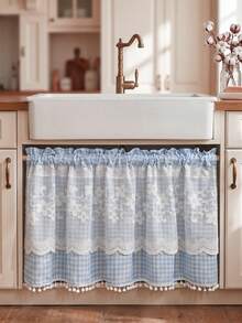 1 Stück blauer Vintage-Landhausstil Kontrast-Spitzen-Strickvorhang, Küchen-Karo-Kurzvorhang, Spitzenbesatz-Halbvorhang, französischer Bauernhaus-Vorhang, Raumdekoration - Blau - Übersicht 11