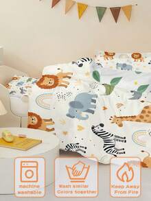2pcs Safari Jungle Animal Toddler Bedding Set, Cute Cartoon Lion Elephant Giraffe Duvet Cover Set, Suitable For Boys And Girls Bedroom Decor - Multicolor - View 5