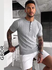 GRDR Men's Henley Collar Minimalist Knit Short Sleeve Top - Light Grey - View 5