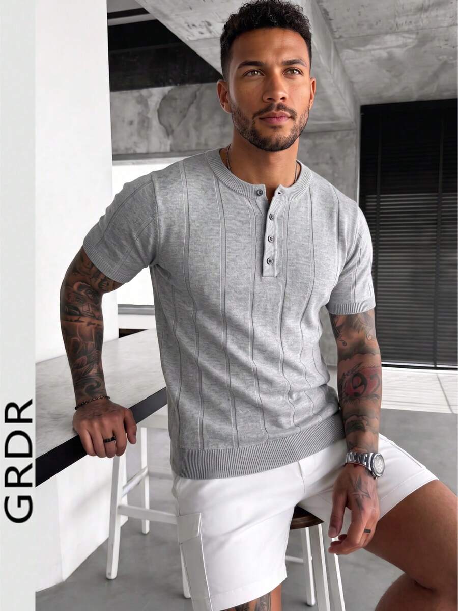 GRDR Men's Henley Collar Minimalist Knit Short Sleeve Top - Light Grey - View 1