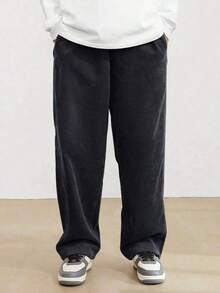 1pc Men's Corduroy Drawstring Waist Wide Leg Casual Sports Pants, Suitable For Outdoor Activities - Black - View 5