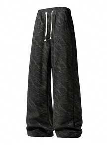 Men's Drawstring Waist Colorblock Striped Decor Loose Straight Wide Leg Drape Elastic Waist Jacquard Pattern Street Style Sports Casual Pants Suitable For Daily Wear Commute Gym Training Date Outfit Holiday Gift Spring Autumn Winter - Black - View 6