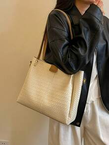 Premium Large Capacity Commuter Tote Bag For Women 2026 New Woven Texture Handbag Fashion Crossbody Shoulder Underarm Bag - Beige - View 9
