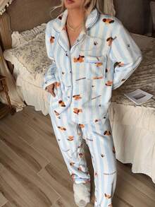 2pcs/Set Women's Winter Striped Puppy Pattern Plush Thick Thermal Lined Lapel Cardigan Long Sleeve And Long Pants Pajama Set - Blue and White - View 3