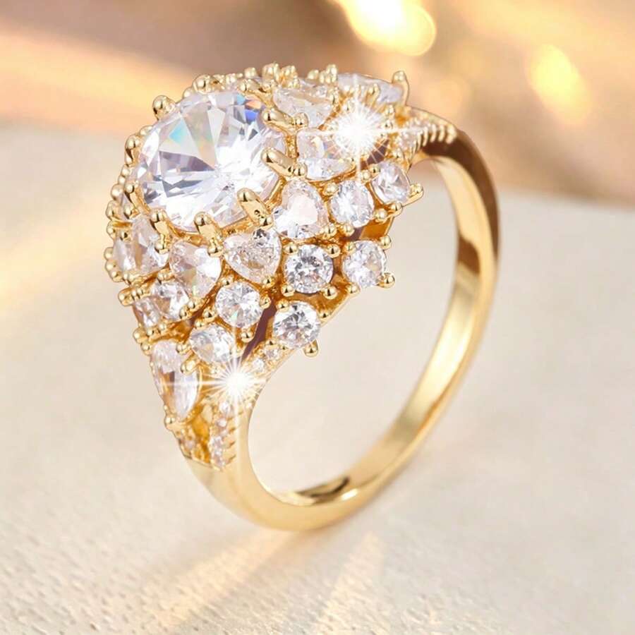 1pc Sunflower Shape Design Cubic Zirconia Inlaid Women's Ring - Multicolor - View 1