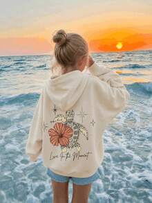 1pc Tween Girls Hooded Sweatshirt, Back Holiday Style Print Top, Hibiscus Flower Sea Turtle Star Pattern Loose Fit Pullover Sweatshirt, Healing Artistic Casual Everyday Wear - Apricot - View 1