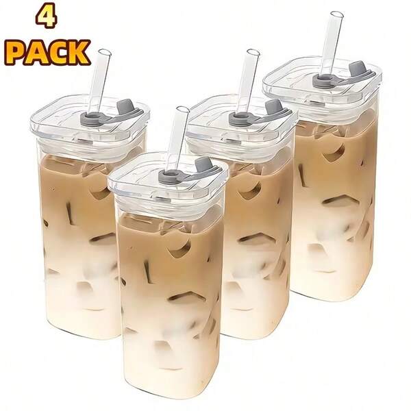 4pcs Square Glass Cups With Lids, 13oz, Perfect Coffee Cups, Include Straws, Gift For Cup Collectors, Great For Office, Home, School, And Outdoor Use, Weddings, Comes With Cleaning Brush Tool