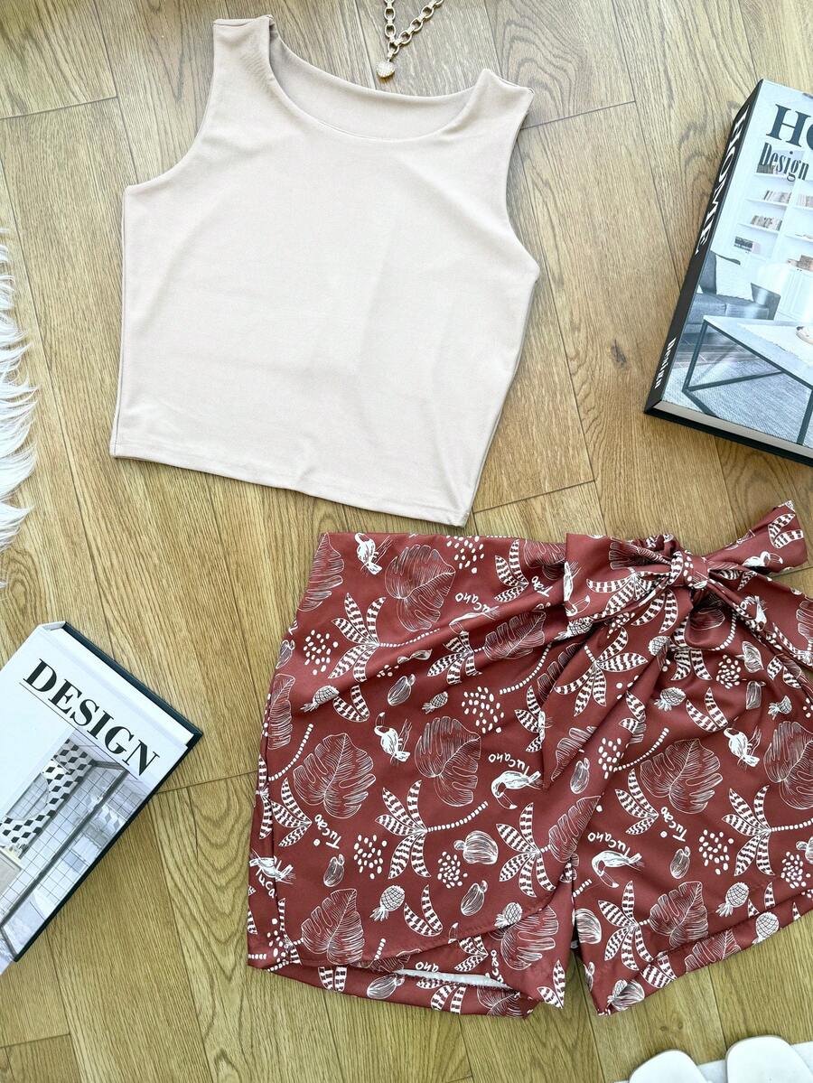 AZALEA Conjunto 2pcs de cropped suplex com saia com short com forrado\estampado\moda feminina - Árvore Nua+Marrom - Visão 1