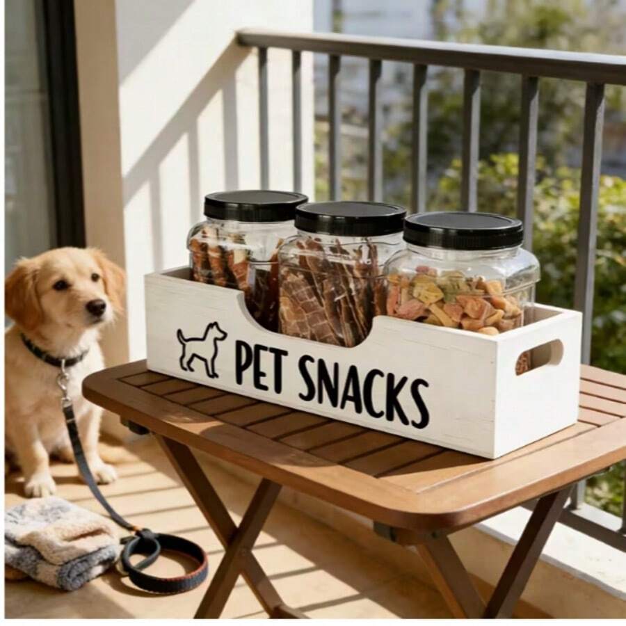 Wooden Pet Treat Storage Basket, Printed Paw Print TREATS Dog Treat Organizer Box, Desktop Pet Food Storage Rack, Used For Storing Dog Biscuits, Chewing Sticks, Training Reward Treats, No Can Included - 1L - View 1