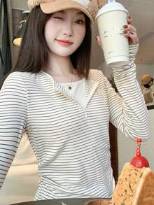 Kaos Lengan Panjang Leher Persegi Bergaris Gaya Korea 2 in 1 untuk Wanita, Ukuran Petite Slim Fit, Atasan Dalaman Pendek untuk Liburan Musim Gugur - Putih - View 3
