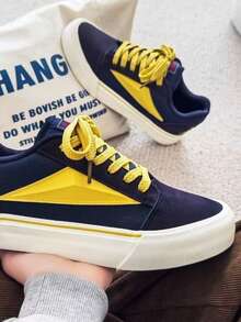 Unisex Fashion Versatile One-Piece Craft Contrast Color Side Triangle Minimalist Pattern Round Toe Low-Top Lace-Up Flat Skate Shoes Retro Style Daily Casual Navy Blue Yellow Canvas Sneakers - Navy Blue - View 6