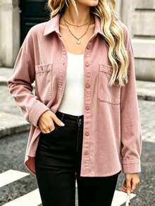 Women's Solid Color Single-Breasted Casual Versatile Everyday Outing Shirt - Pink - View 3