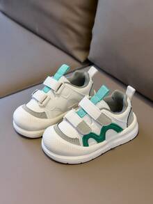 Spring/Summer Breathable Double Hook & Loop Baby Walking Shoes, White & Green Wave Colorblock Closed-Toe Anti-Kick Functional Shoes, Non-Slip Soft Sole Lightweight Stable Outdoor Sports Shoes For Toddler Boys & Girls - Green - View 1
