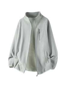 Caldwick Men's Spring/Autumn Open Front Hoodless Sweatshirt Casual Fashion Stand Collar Fleece Jacket Outdoor Hiking Sports Top - Light Grey - View 4